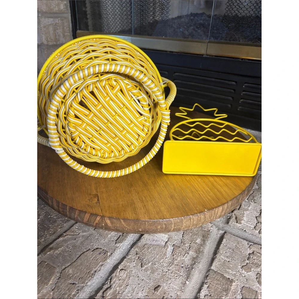 Yellow Pineapple Two-Tier Basket Stand & Matching Metal Napkin Holder Summer NEW